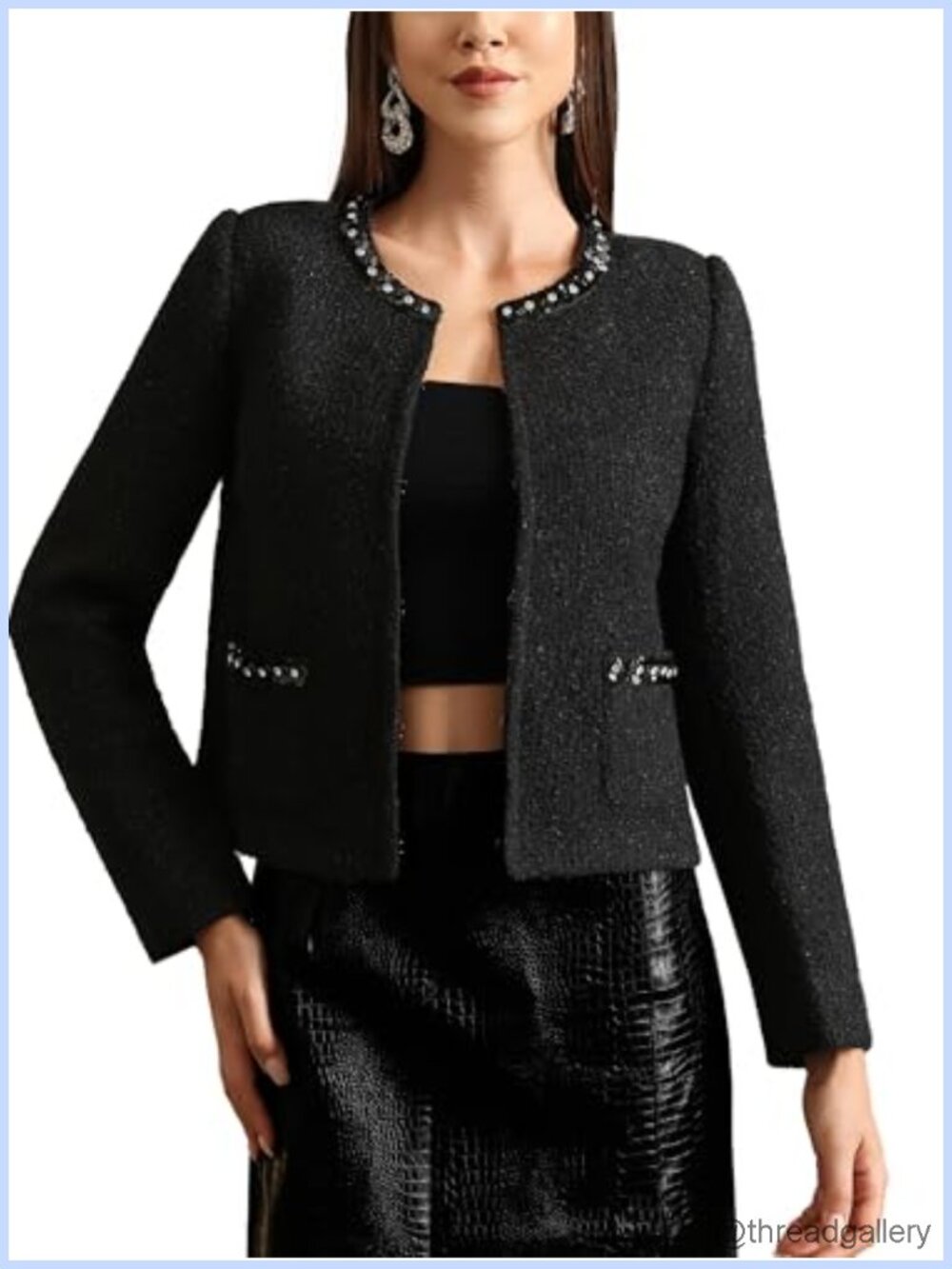 Wool Blend Tweed Cropped Blazer Sequin Trim Hook Closure